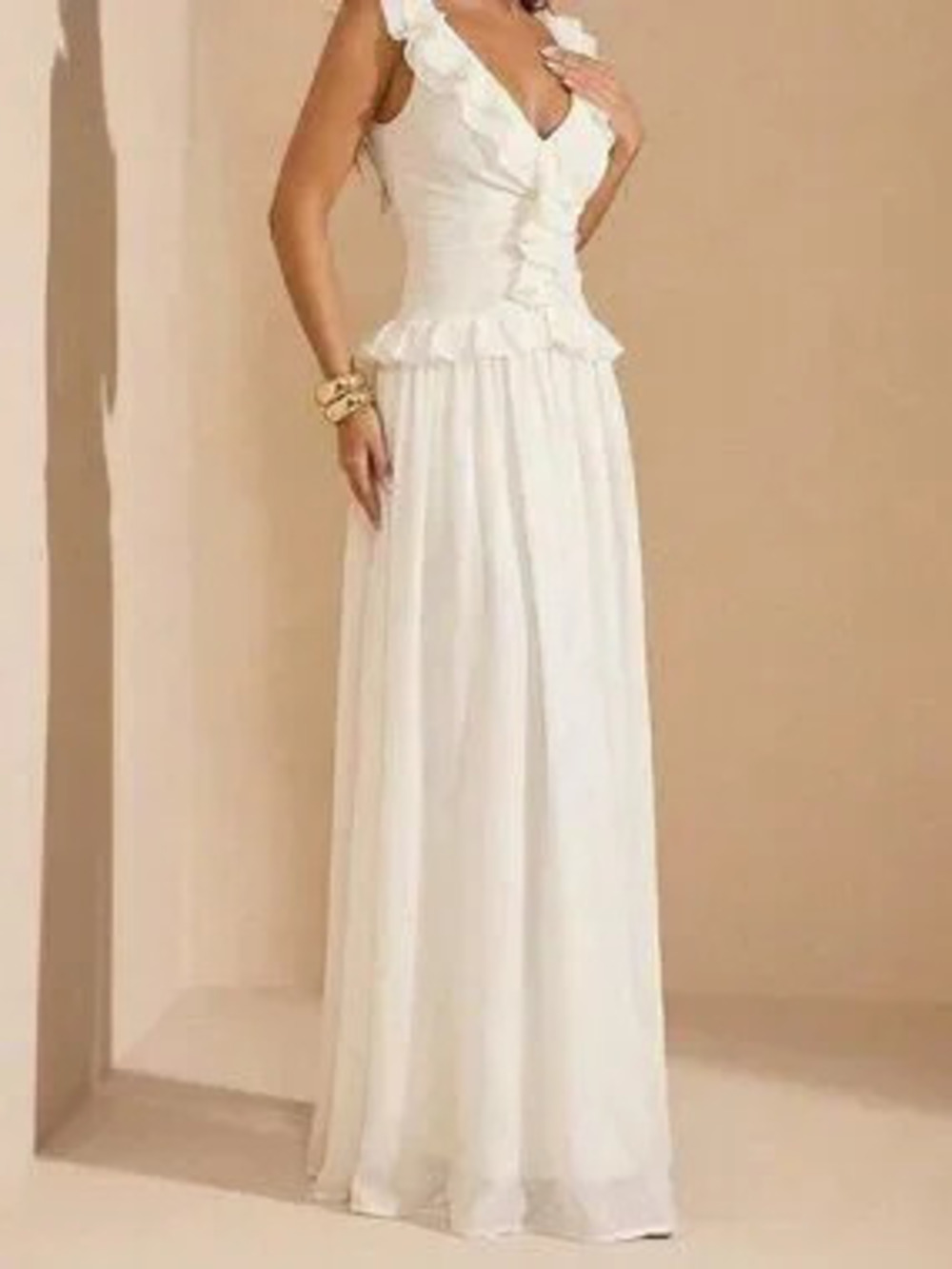 ZARA Apricot Sexy Women's Plain Sleeveless V Neck Flared A Line Maxi Dress - Picture 7 of 7